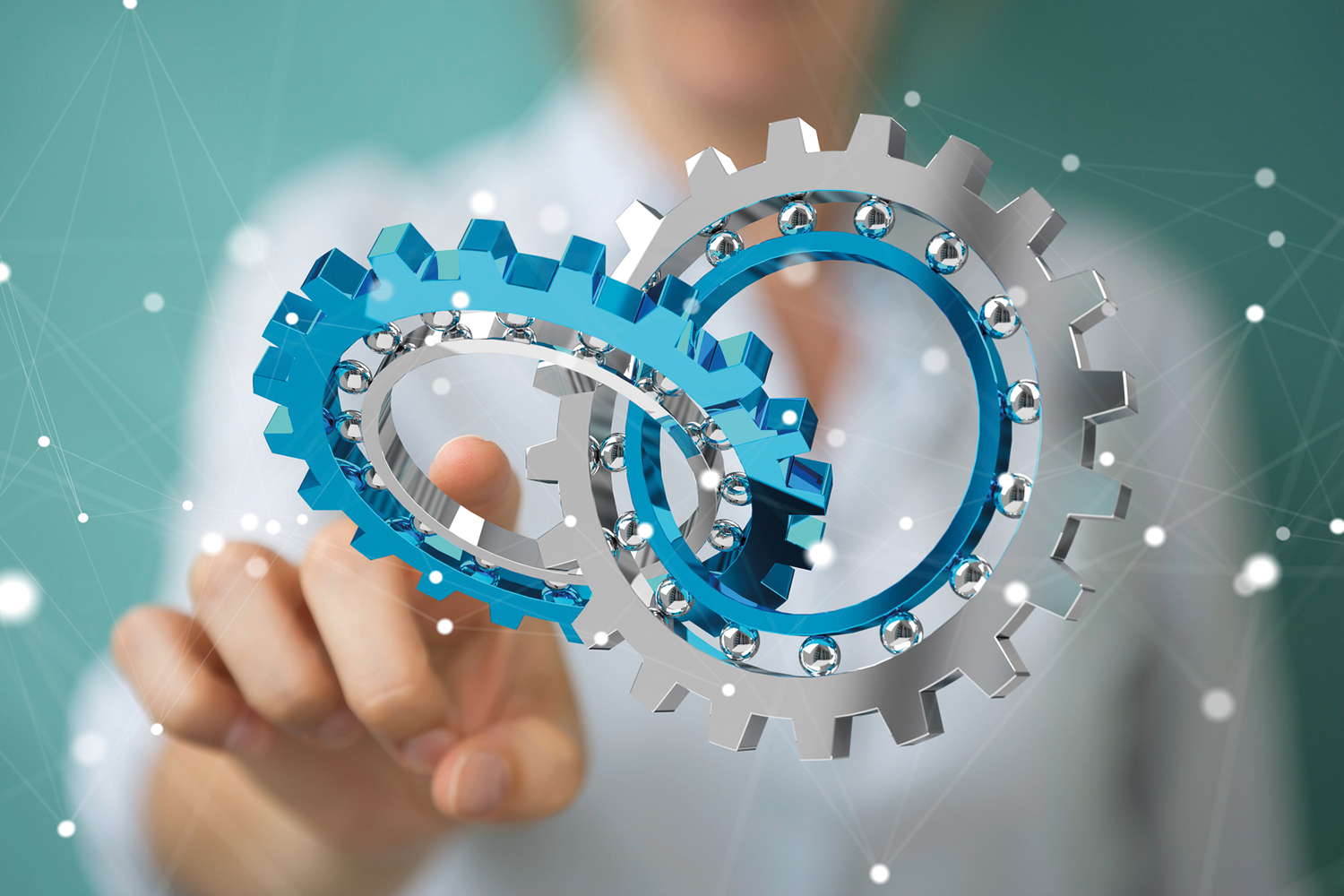 Woman with perfect body near big molecule chain.