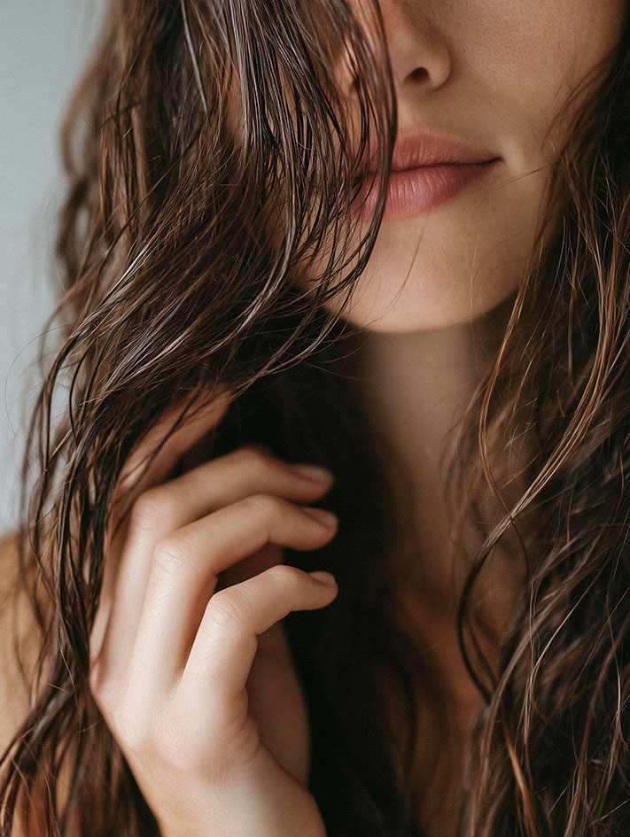 Captured moment of serene beauty showcasing wet wavy hair and gentle touch against soft skin in a tranquil space